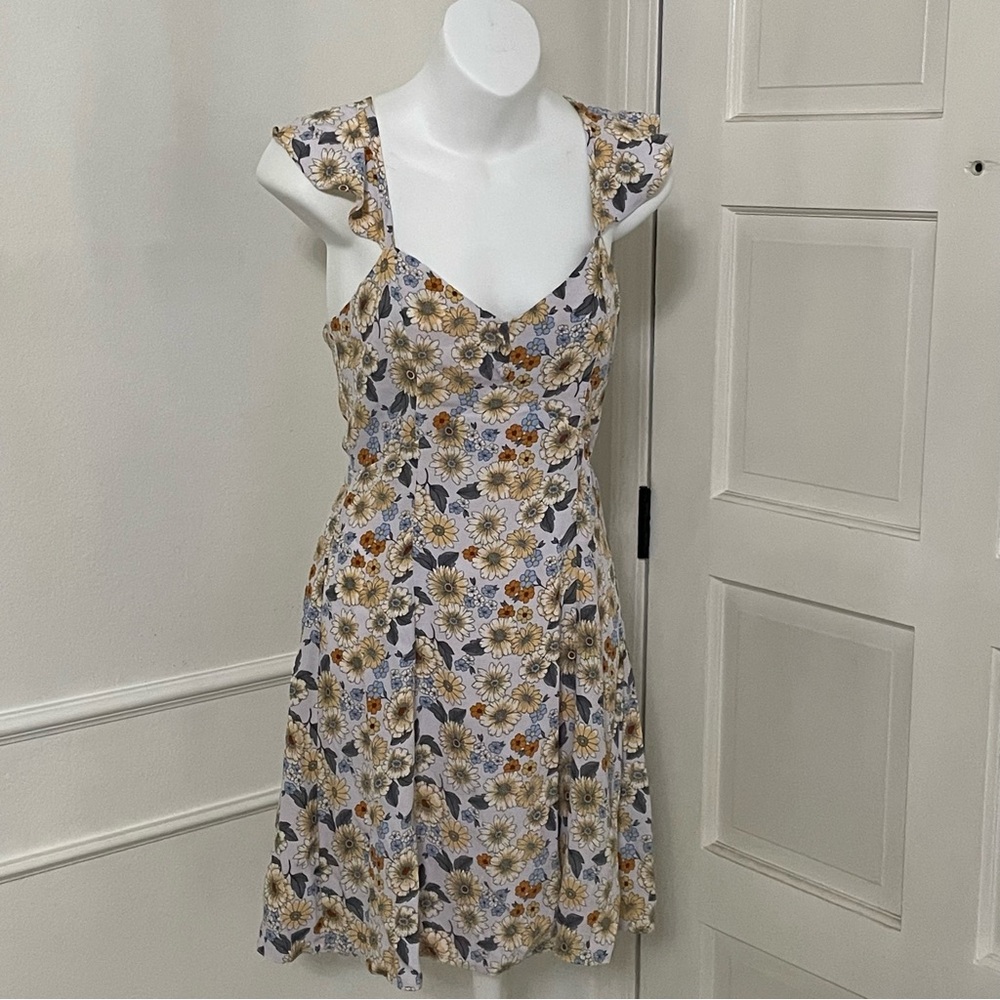 Nobody’s Child Floral Light Purple Butterfly Shoulder Mini Dress Back Zipper